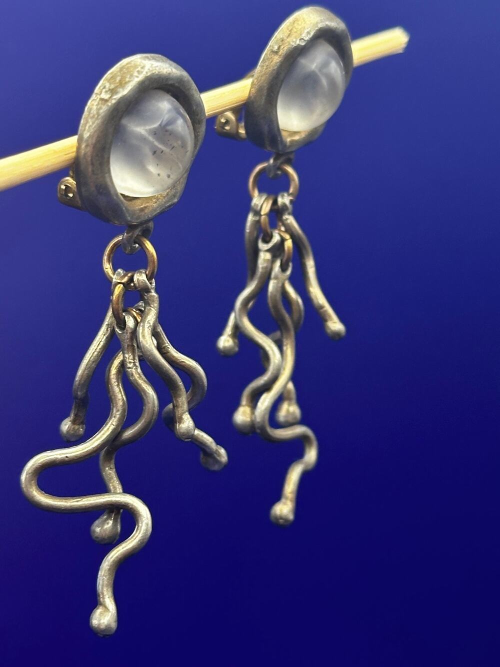 Vintage Biche de Bere Paris Modernist Dangle Clip-On Earrings - Silver Tone